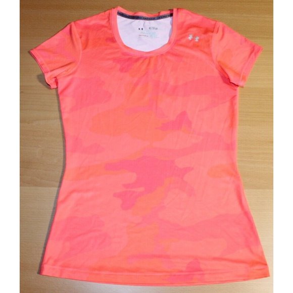 Womens Under Armour Heatgear Sonic Printed Fitted Short Sleeve Shirt XS Orange - Picture 1 of 3